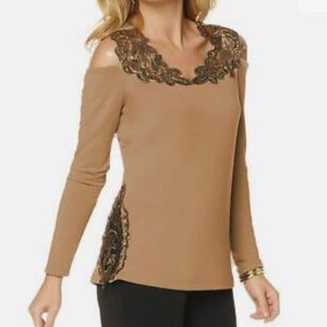Joan Boyce Long Sleeve Open Shoulder Lace Top Camel
